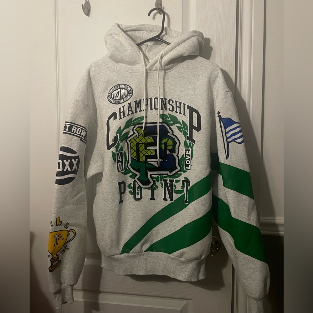 First Row Gray & Green Championship Print Hoodie Sweatshirt